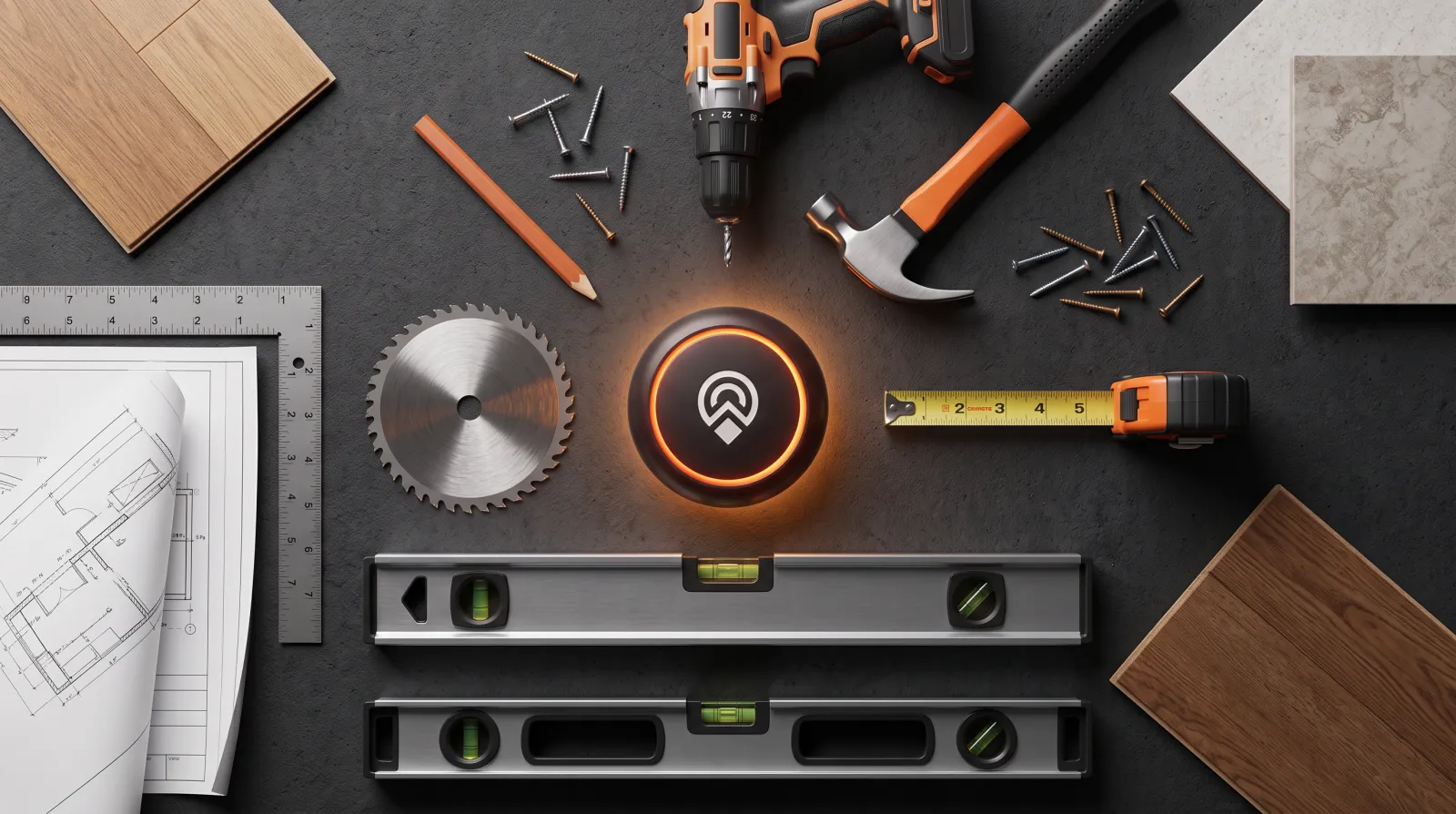 Kitchen and bath remodeling tools — a cordless drill, level, framing square, blueprints and tile samples — arranged around the glowing Local Leader disk
