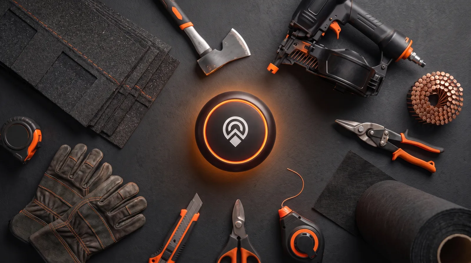 Roofing tools — shingles, a roofing hatchet, nail gun, coil nails, tin snips and work gloves — arranged around the glowing Local Leader disk